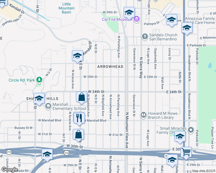 map of restaurants, bars, coffee shops, grocery stores, and more near 3432 North Arrowhead Avenue in San Bernardino