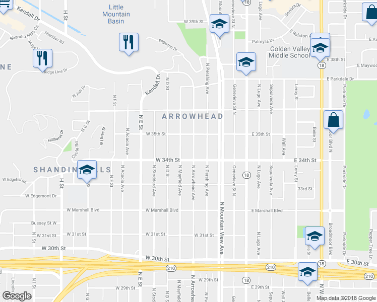 map of restaurants, bars, coffee shops, grocery stores, and more near 3432 North Arrowhead Avenue in San Bernardino