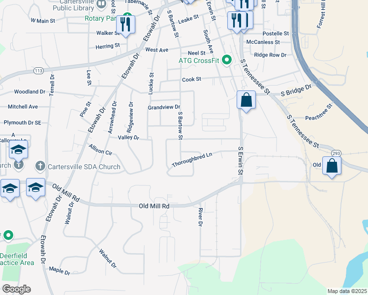 map of restaurants, bars, coffee shops, grocery stores, and more near 704 South Bartow Street in Cartersville