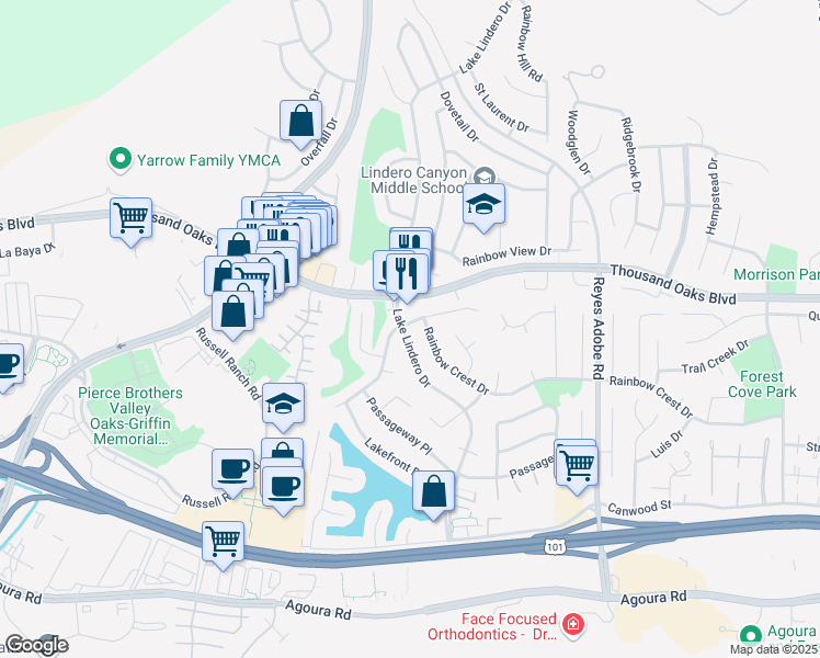 map of restaurants, bars, coffee shops, grocery stores, and more near 5650 Lake Lindero Drive in Agoura Hills
