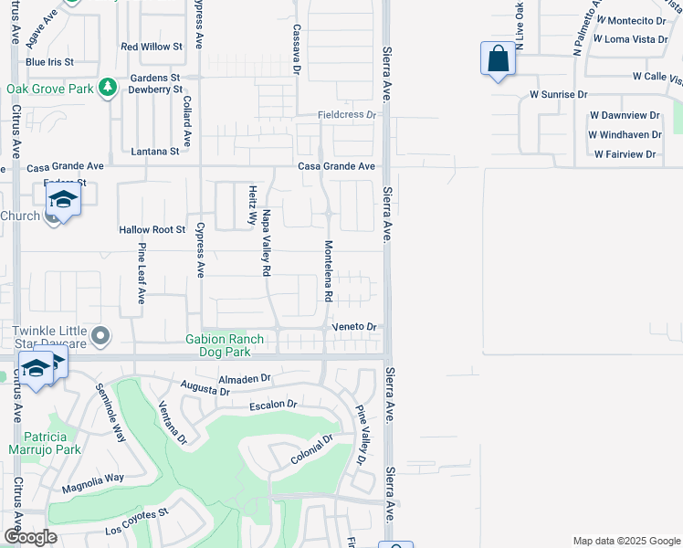 map of restaurants, bars, coffee shops, grocery stores, and more near 16714 Stag's Leap Lane in Fontana