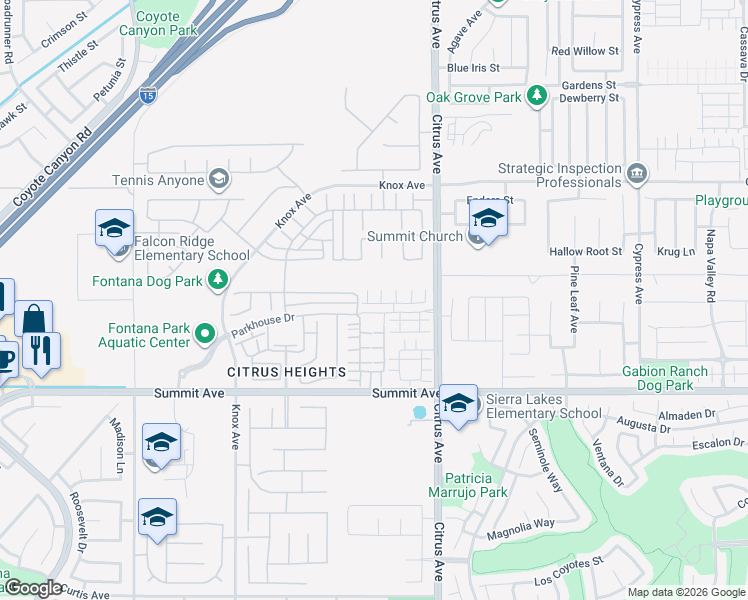 map of restaurants, bars, coffee shops, grocery stores, and more near 15931 Fan Palm Street in Fontana