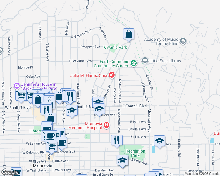 map of restaurants, bars, coffee shops, grocery stores, and more near 205 Poppy Avenue in Monrovia