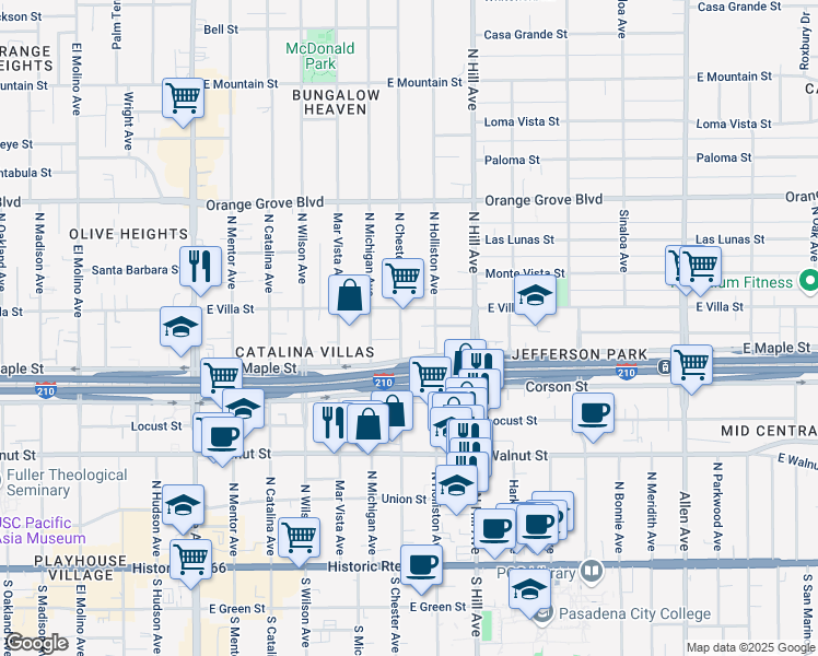map of restaurants, bars, coffee shops, grocery stores, and more near 431 North Holliston Avenue in Pasadena
