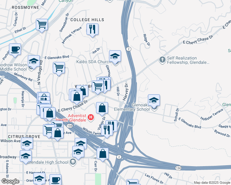 map of restaurants, bars, coffee shops, grocery stores, and more near 425 Hill Drive in Glendale