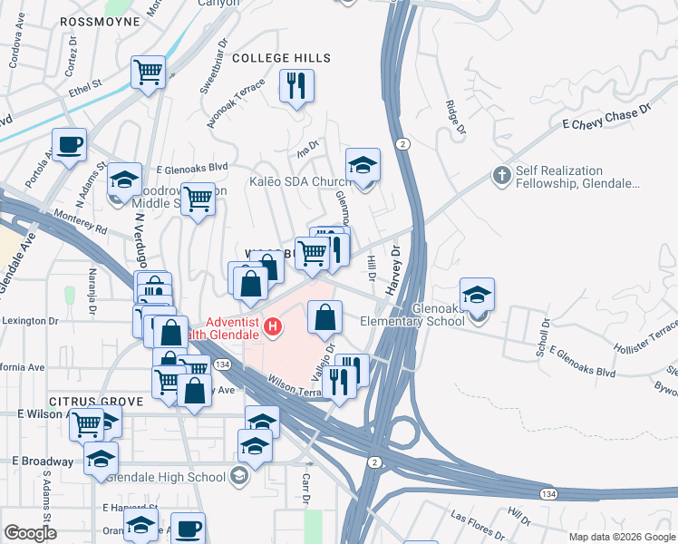 map of restaurants, bars, coffee shops, grocery stores, and more near 1600 East Chevy Chase Drive in Glendale