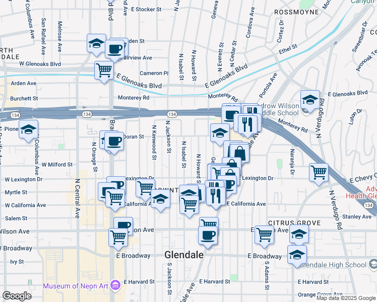map of restaurants, bars, coffee shops, grocery stores, and more near 511 North Howard Street in Glendale