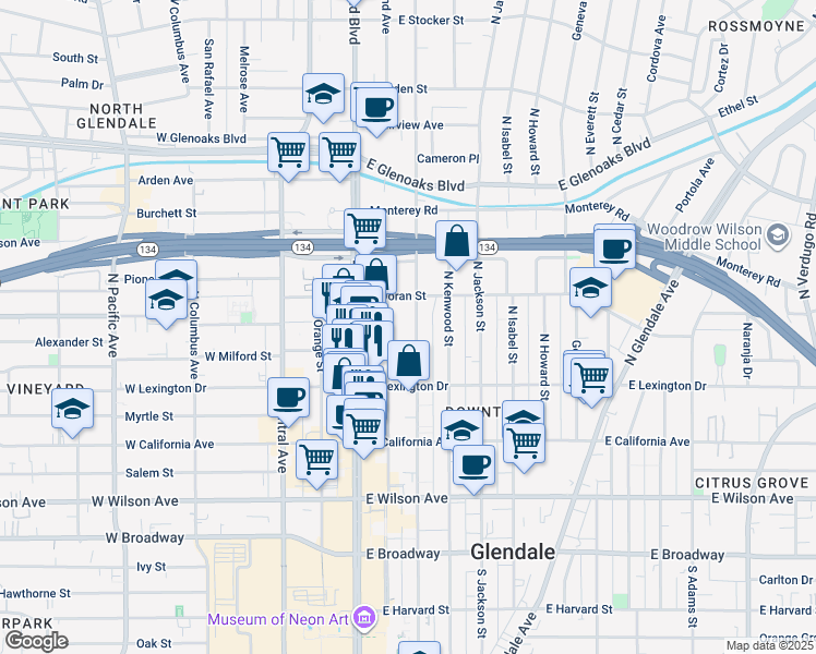 map of restaurants, bars, coffee shops, grocery stores, and more near 512 North Louise Street in Glendale