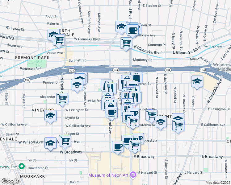 map of restaurants, bars, coffee shops, grocery stores, and more near 521 North Orange Street in Glendale