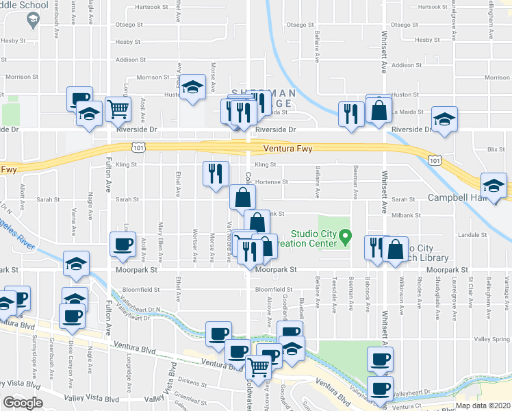 map of restaurants, bars, coffee shops, grocery stores, and more near 12849 Milbank Street in Los Angeles