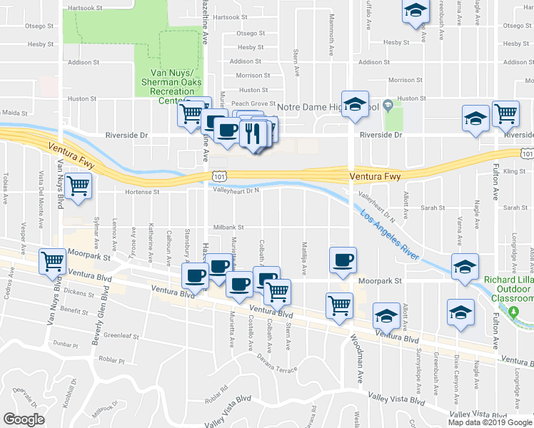 map of restaurants, bars, coffee shops, grocery stores, and more near 4505 Colbath Avenue in Los Angeles
