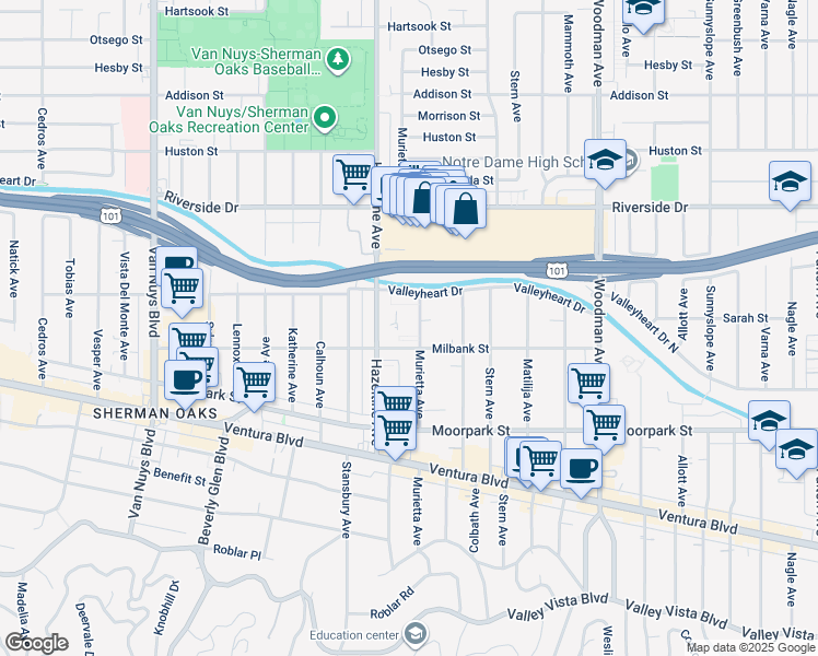 map of restaurants, bars, coffee shops, grocery stores, and more near 4525 Murietta Avenue in Los Angeles