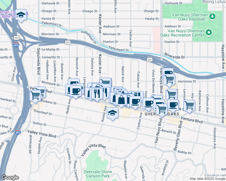 map of restaurants, bars, coffee shops, grocery stores, and more near 4542 Willis Avenue in Los Angeles