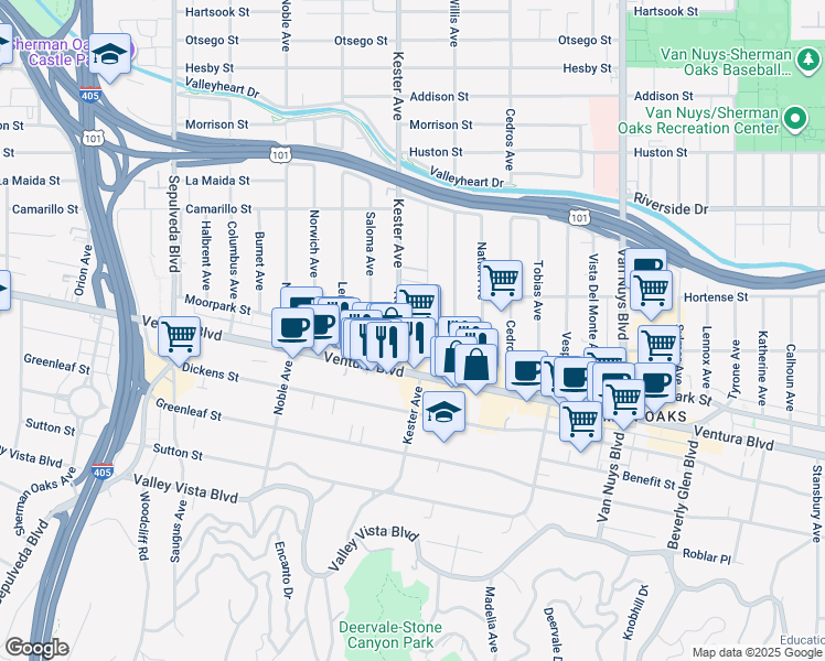 map of restaurants, bars, coffee shops, grocery stores, and more near 14845 Ventura Boulevard in Los Angeles