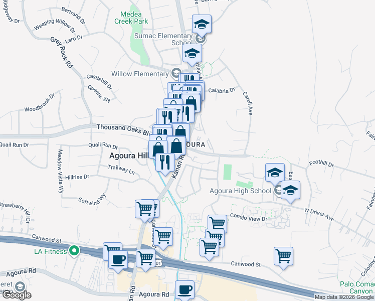 map of restaurants, bars, coffee shops, grocery stores, and more near in Agoura Hills