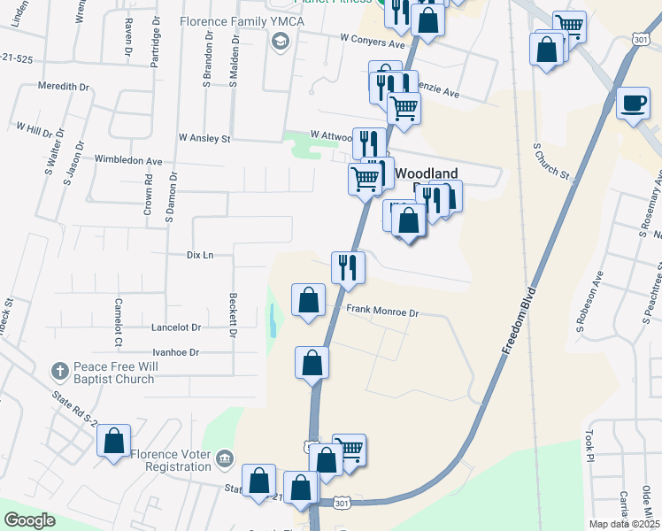 map of restaurants, bars, coffee shops, grocery stores, and more near 2251 South Irby Street in Florence