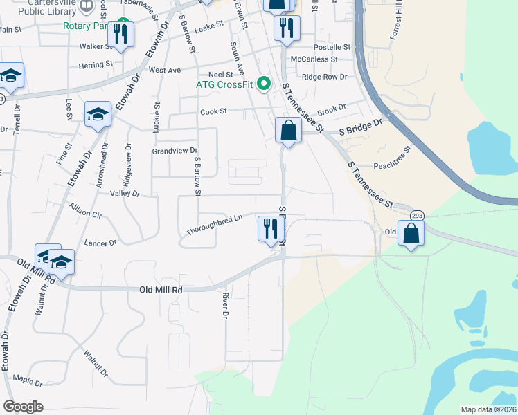 map of restaurants, bars, coffee shops, grocery stores, and more near 27 Thoroughbred Lane in Cartersville
