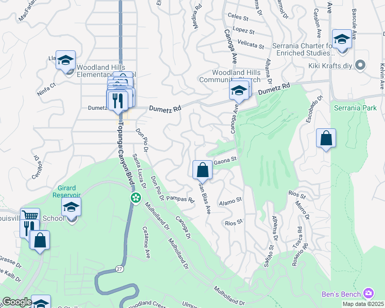 map of restaurants, bars, coffee shops, grocery stores, and more near 4955 Alatar Drive in Los Angeles