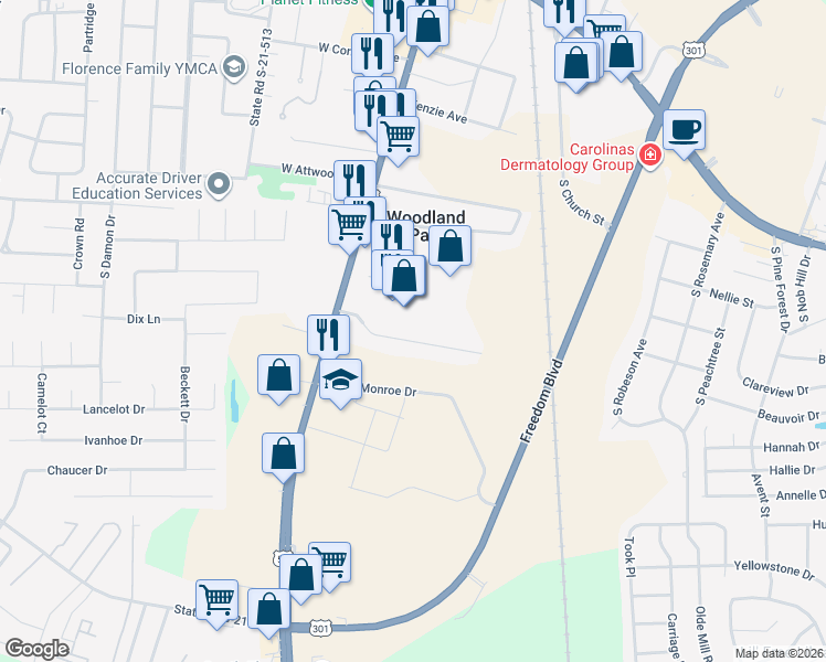 map of restaurants, bars, coffee shops, grocery stores, and more near 211 State Road S-21-589 in Florence