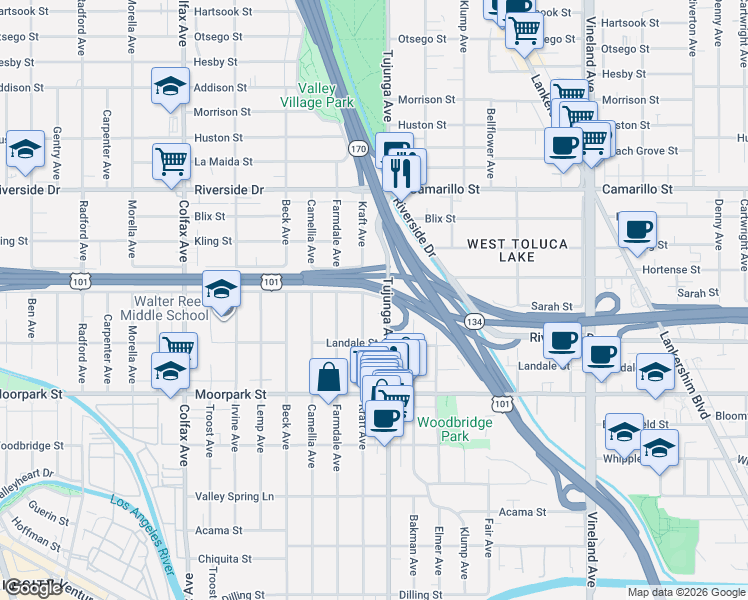map of restaurants, bars, coffee shops, grocery stores, and more near 11408 Sarah Street in Los Angeles