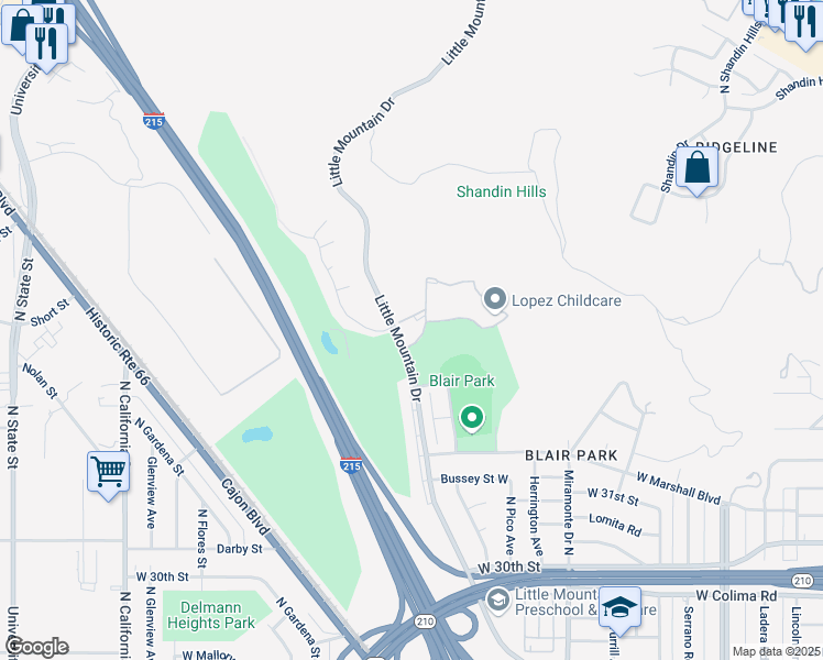 map of restaurants, bars, coffee shops, grocery stores, and more near 1500 West Edgehill Road in San Bernardino