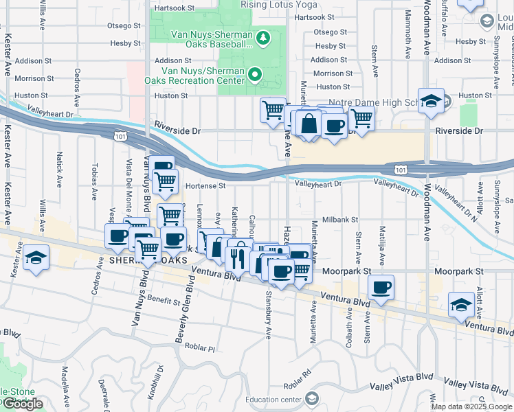 map of restaurants, bars, coffee shops, grocery stores, and more near 4522 Calhoun Avenue in Los Angeles