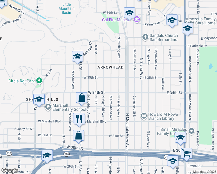 map of restaurants, bars, coffee shops, grocery stores, and more near 3432 North Arrowhead Avenue in San Bernardino