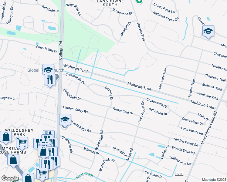 map of restaurants, bars, coffee shops, grocery stores, and more near 4753 Rushing Drive in Wilmington
