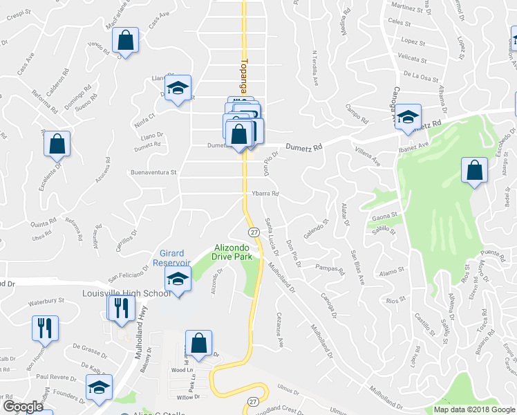 map of restaurants, bars, coffee shops, grocery stores, and more near 4741 Santa Lucia Drive in Los Angeles