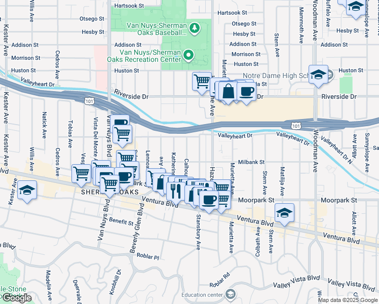 map of restaurants, bars, coffee shops, grocery stores, and more near 4522 Calhoun Avenue in Los Angeles