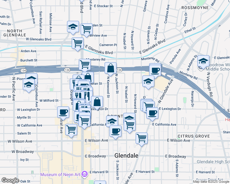 map of restaurants, bars, coffee shops, grocery stores, and more near 515 North Jackson Street in Glendale