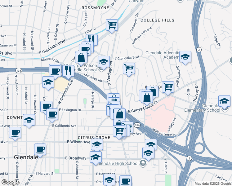 map of restaurants, bars, coffee shops, grocery stores, and more near 515 La Loma Road in Glendale