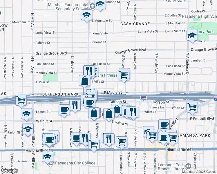 map of restaurants, bars, coffee shops, grocery stores, and more near 1951 Wagner Street in Pasadena