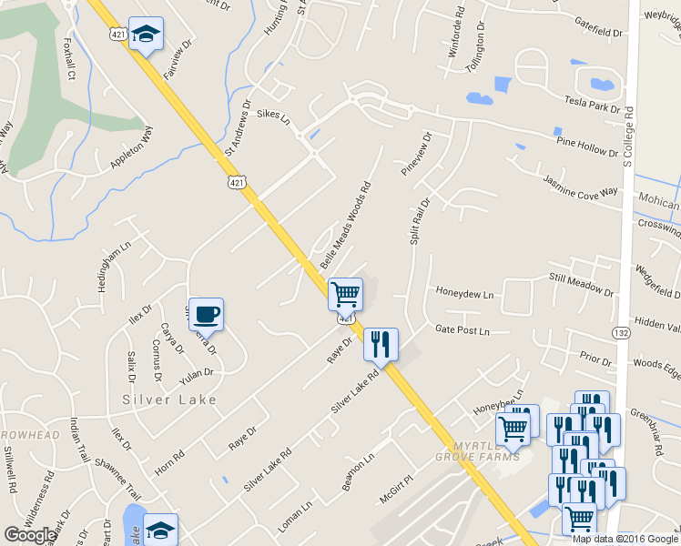 map of restaurants, bars, coffee shops, grocery stores, and more near 4212 Winding Branches Drive in Wilmington