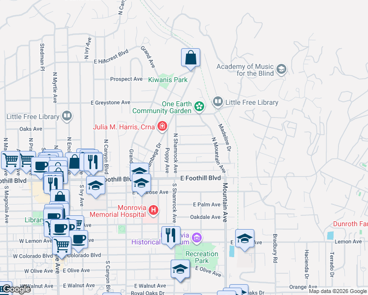map of restaurants, bars, coffee shops, grocery stores, and more near 716 Valley View Avenue in Monrovia