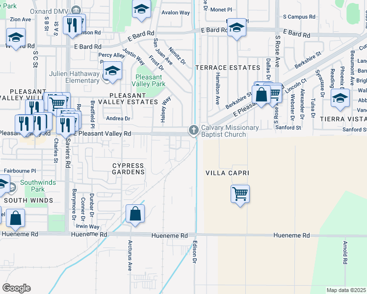 map of restaurants, bars, coffee shops, grocery stores, and more near 5152 Longfellow Way in Oxnard