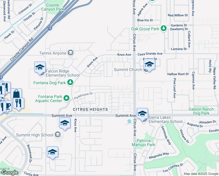 map of restaurants, bars, coffee shops, grocery stores, and more near 15931 Fan Palm Street in Fontana