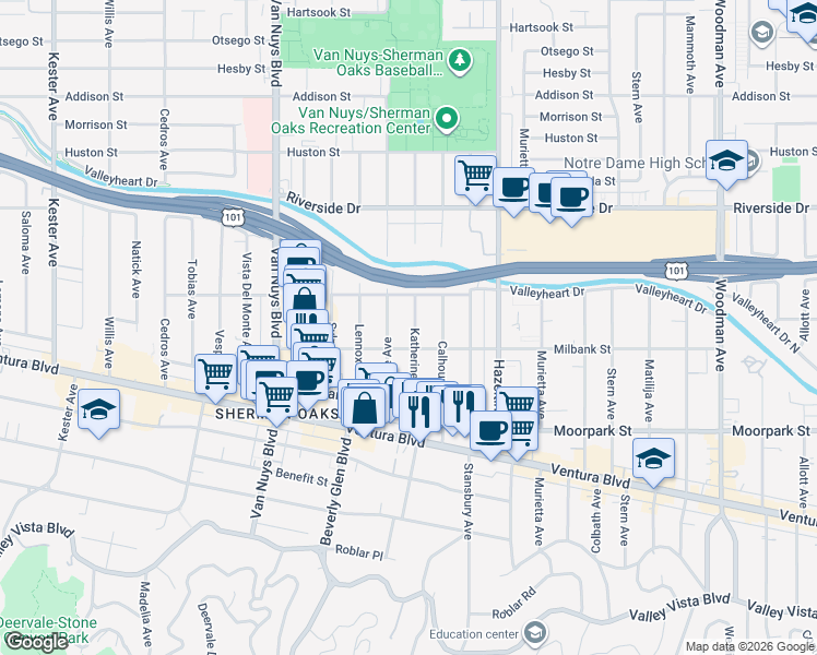 map of restaurants, bars, coffee shops, grocery stores, and more near 4523 Katherine Avenue in Los Angeles
