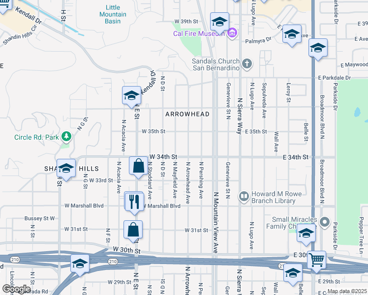 map of restaurants, bars, coffee shops, grocery stores, and more near 3432 North Arrowhead Avenue in San Bernardino