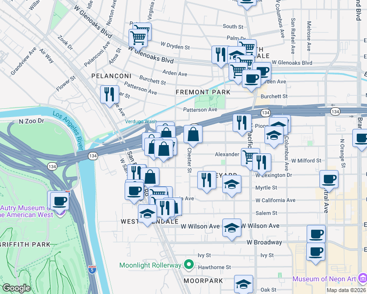 map of restaurants, bars, coffee shops, grocery stores, and more near 706 West Doran Street in Glendale