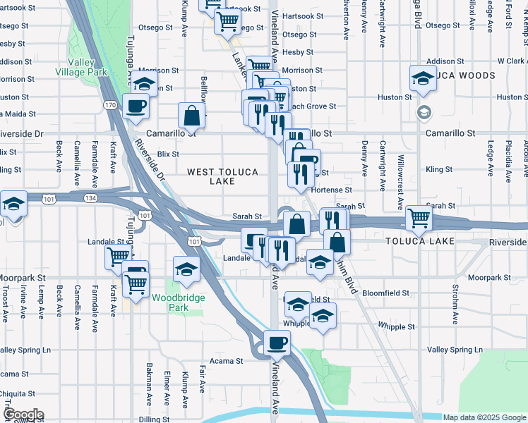 map of restaurants, bars, coffee shops, grocery stores, and more near 11007 Sarah Street in Los Angeles
