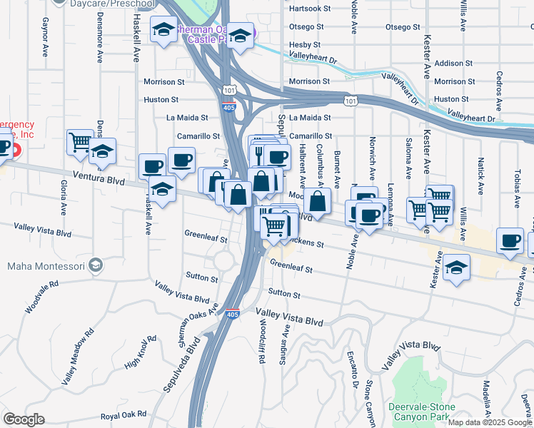 map of restaurants, bars, coffee shops, grocery stores, and more near 15300 Ventura Boulevard in Los Angeles