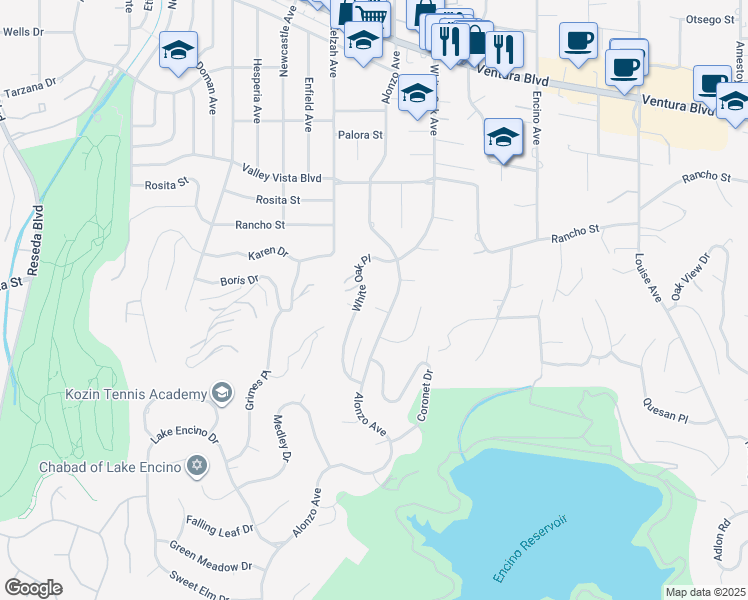 map of restaurants, bars, coffee shops, grocery stores, and more near 4551 Alonzo Avenue in Los Angeles