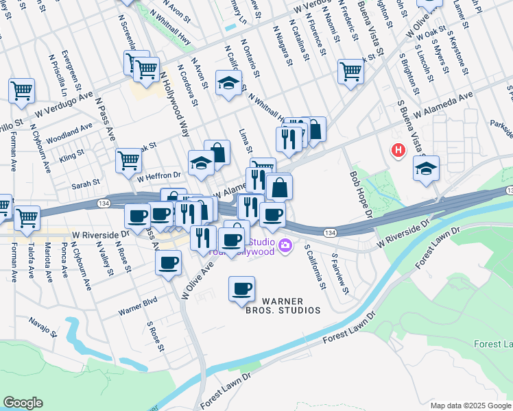 map of restaurants, bars, coffee shops, grocery stores, and more near 3425 West Olive Avenue in Burbank