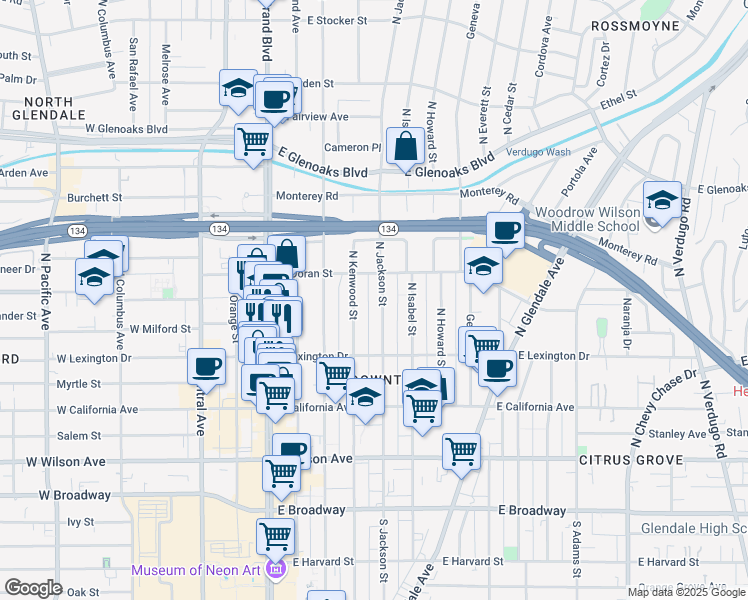 map of restaurants, bars, coffee shops, grocery stores, and more near 515 North Jackson Street in Glendale
