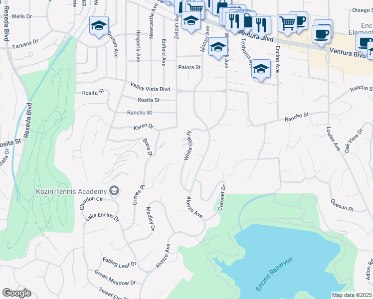 map of restaurants, bars, coffee shops, grocery stores, and more near 4571 White Oak Place in Los Angeles