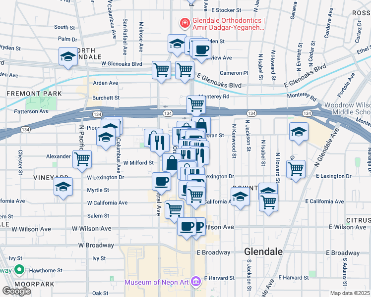 map of restaurants, bars, coffee shops, grocery stores, and more near 525 North Brand Boulevard in Glendale