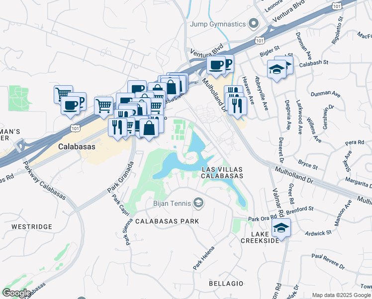 map of restaurants, bars, coffee shops, grocery stores, and more near 4650 Park Mirasol in Calabasas