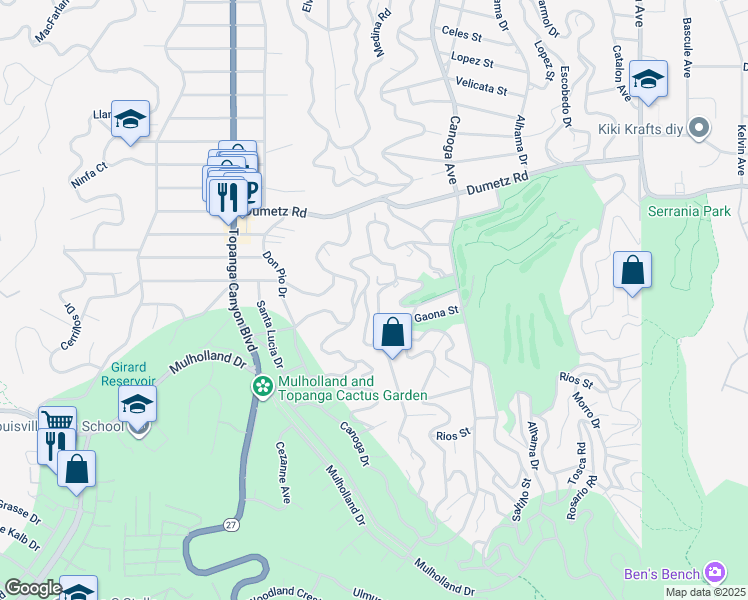 map of restaurants, bars, coffee shops, grocery stores, and more near 4955 Alatar Drive in Los Angeles