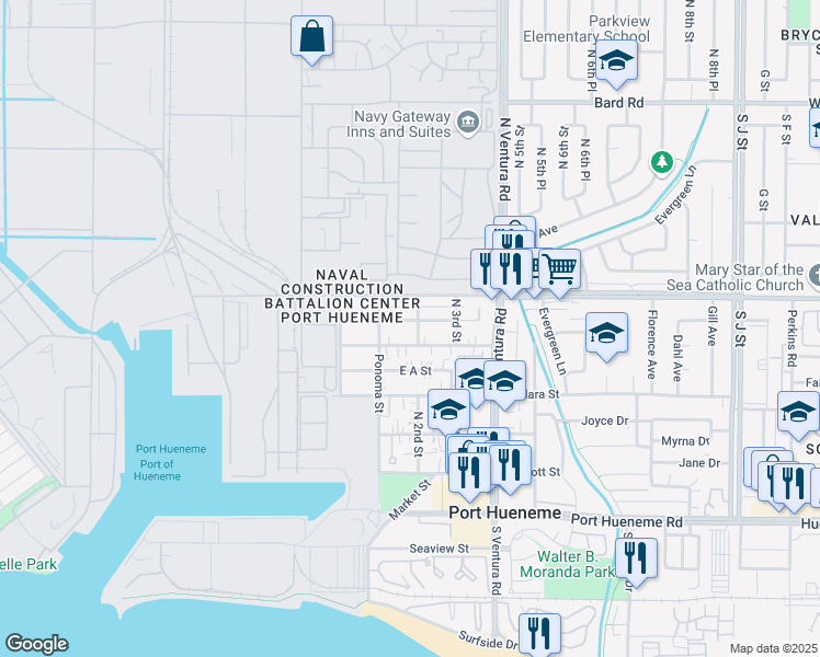 map of restaurants, bars, coffee shops, grocery stores, and more near 154 East C Street in Port Hueneme